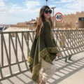 Mujer estilo etnico verde patron chal invierno otono viaje calido capa bufanda top - Encaje de jacquard verde militar