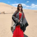 Mujer étnico geométrico poncho chal cálido invierno viaje capa desierto moda estilo - Rayas de cruz gris y negro