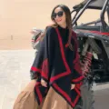 Mujer estilo étnico chal de punto capa cálida moda viaje fotografía poncho prenda - Disco negro y rojo