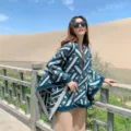 Women Ethnic Geometric Poncho Autumn Winter Warm Imitation Cashmere Cape Shawl Blue - Cyan Triangles