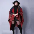 Women colorblock split cape shawl winter warm ethnic style knit poncho outer clothing - Grid Color Block Red