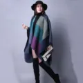 Autumn winter women split shawl cape, ethnic color block poncho, warm imitation cashmere. - Grid Color Block Purple