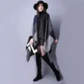Women's Color-Block Open Front Poncho Cape Winter Warm Knit Shawl with Tassel Detail - Grid Color Block Black Gray