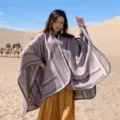 Capa chal cálida de invierno geométrica étnica, elegante poncho morado para viajes. - Rosa panal