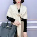 Korean style autumn winter warm knitted shawl cape with leather buckle thick cozy wrap scarf. - 70-180CM / Apricot