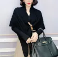 Black knit cape shawl detail, cozy wool triangle wrap with leather buckle for women. - 70-180CM / Black