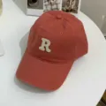 Classic brick red baseball cap with embroidered letter R, casual soft top curved sun hat. - Adjustable / Red