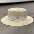 Chapeau de paille perlé français pour femme, élégant chapeau de plage d'été anti-UV. - M (56-58cm) / Beige