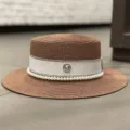 Chapeau de paille style français pour femme été plage vacances chapeau de paille ruban perle. - M (56-58cm) / Café