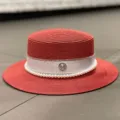 Chapeau de paille rouge femme ruban blanc perles strass M logo chapeau de soleil plage ete - M (56-58cm) / Rouge