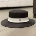French style black boater straw hat with white pearl ribbon and rhinestone M logo summer sun hat - M (56-58cm) / Black