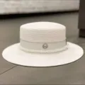 French style white flat top straw hat with pearls glitter band and metal M logo for summer - M (56-58cm) / White