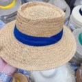 Chapeau de paille plat femme été plage protection solaire rétro français fedora chapeau - Réglable (55-60cm) / Kaki avec ruban bleu marine