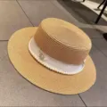Women Summer Straw Boater Hat with Pearls White Ribbon Elegant Beach Sun Hat Fashion Sunshade Cap - M (56-58cm) / Khaki