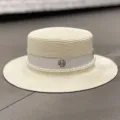 French style flat top straw hat with pearls, white ribbon and M charm for women summer beach. - M (56-58cm) / Milk White