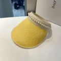 Geflochtener Stroh-Sonnenschirmhut mit Perlenbesatz Sommer Strand Anti-UV Leerer Obersatz - M (56-58cm) / Gelb