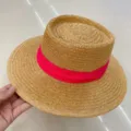 Chapeau de paille plat femme ruban rose vif ete plage protection solaire retro chic - Réglable (55-60cm) / Kaki avec ruban rouge