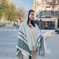Women's hooded fringe cape shawl winter warm knitted poncho stylish tassel outerwear - Beige with Double Bar Pattern