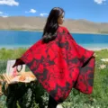Mujer capa chal floral roja invierno cálido poncho tejido de punto ropa exterior boho - Flor geométrica grande negro y rojo