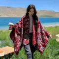 Mujer poncho rojo leopardo floral punto chal capa invierno calido viaje moda estilo chic - Rosa – rojo vino