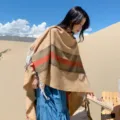Cashmere-feel tassel poncho cape with classic striped design, warm winter outdoor shawl for women. - Classic Striped Camel Shawl