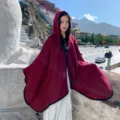 Women winter thick warm hooded cape cloak vintage split shawl travel outerwear stylish clothing - Solid Wine Red