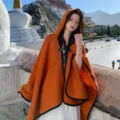 Orange hooded cloak for women, thick warm winter shawl with black trim for travel photos. - Solid Orange