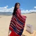 Bohemian geometric patterned cashmere-feel poncho wrap in red, warm winter travel shawl. - Wine Red Double Diamond Lattice Shawl