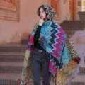 Women's autumn winter ethnic zigzag knitted hooded poncho shawl with tassels and fringe. - Large Wave Hooded Poncho, Green