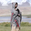 Women's autumn winter hooded knitted shawl cape with fringe ethnic style outdoor wear - Classic Stripe Hooded Poncho, Grey