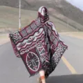 Ethnic knitted hooded cloak women autumn winter warm tassel poncho travel photo shawl - African Style Hooded Poncho, Wine Red