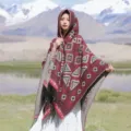 Ethnic style hooded knitted poncho shawl for women, tassel design for autumn winter travel warm. - Triangle Pattern Hooded Poncho, Wine Red