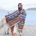 Ethnic hooded knitted shawl poncho cape with tassels and geometric print for women winter variant. - Double Argyle Hooded Poncho, Grey
