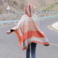 Ethnic hooded knitted cape orange beige winter warm tassel poncho for women travel style - Persian Stripe Hooded Poncho, Orange