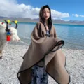 Stylish brown hooded cloak for women, warm winter thick shawl for travel photography and outdoor wear. - Solid Khaki