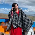 Autumn winter warm black white plaid shawl cape button split cloak for women travel photo - Tic-Tac-Toe Plaid Black