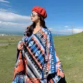 Bohemian geometric patterned open-front cape, thick warm imitation cashmere shawl in multi-color. - Grey Double Diamond Lattice Shawl