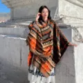 Bohemian geometric wave split poncho, warm cashmere-feel shawl for travel and winter. - Double Argyle Orange Shawl