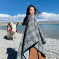 Winter Thickened Grey Plaid Poncho Shawl Women Split Long Cape Travel Warm Outerwear - Cross Grey Plaid