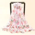 Women Floral Chiffon Scarf Summer Beach Sunscreen Shawl Long Fashion Floral Wrap Stole - Floral Chiffon on White Background