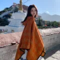 Women autumn winter thickened warm orange plaid hooded cape shawl for travel photography. - Orange Grid Pattern