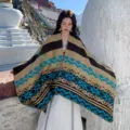 Chal hendido de rayas geométricas étnicas para mujeres capa cálida viaje al aire libre grueso - Flor de contorno camello y verde