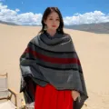 Bohemian water wave pattern split cape, thickened warm imitation cashmere shawl, grey red stripes. - Classic Striped Black and Gray Shawl
