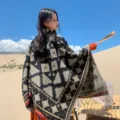 Geometric print imitation cashmere poncho, black ethnic style tassel shawl, warm winter cape. - Large Triangle Black Shawl