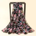 Floral Chiffon Scarf Women Beach Shawl Summer Sunscreen Black Flower Print Wrap Sku - Floral Chiffon on Black Background