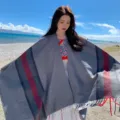Bohemian tassel poncho shawl with grey black red stripes warm winter cape for women - Classic Striped Gray Shawl