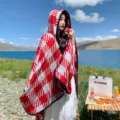 Red white plaid hooded cloak cape for women, thick warm winter shawl with button closure. - Houndstooth Red