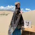 Bohemian wavy pattern split cape thick warm imitation cashmere shawl for women variant style - Bohemian Striped Camel Shawl
