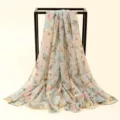Floral Chiffon Scarf Summer Beach Shawl Light Blue Floral Print Sunscreen Scarf Wear - Peony Pattern Chiffon in Pea Green