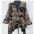 Mujer floral tejido capa poncho elegante frente abierto cómodo chal étnico cálido abrigo - Flor geométrica grande caqui y negro